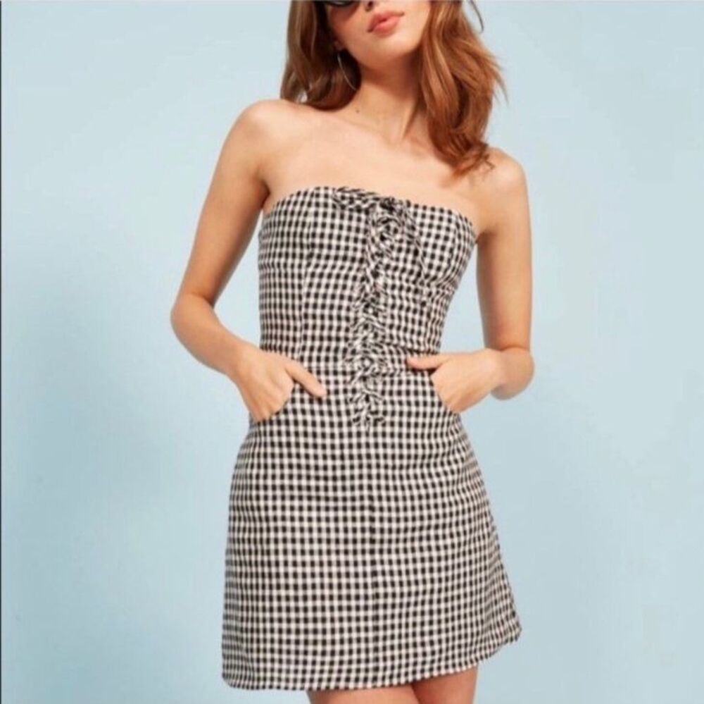 Reformation Sid Strapless Linen Gingham Dress